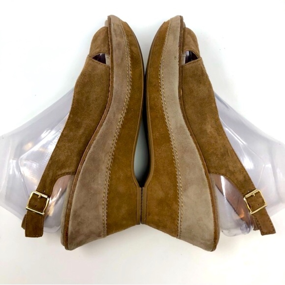 Sofft Tan Brown Leather Wedge Platform 3” Heel Sandals Open Toe Slingback Suede - Picture 7 of 12